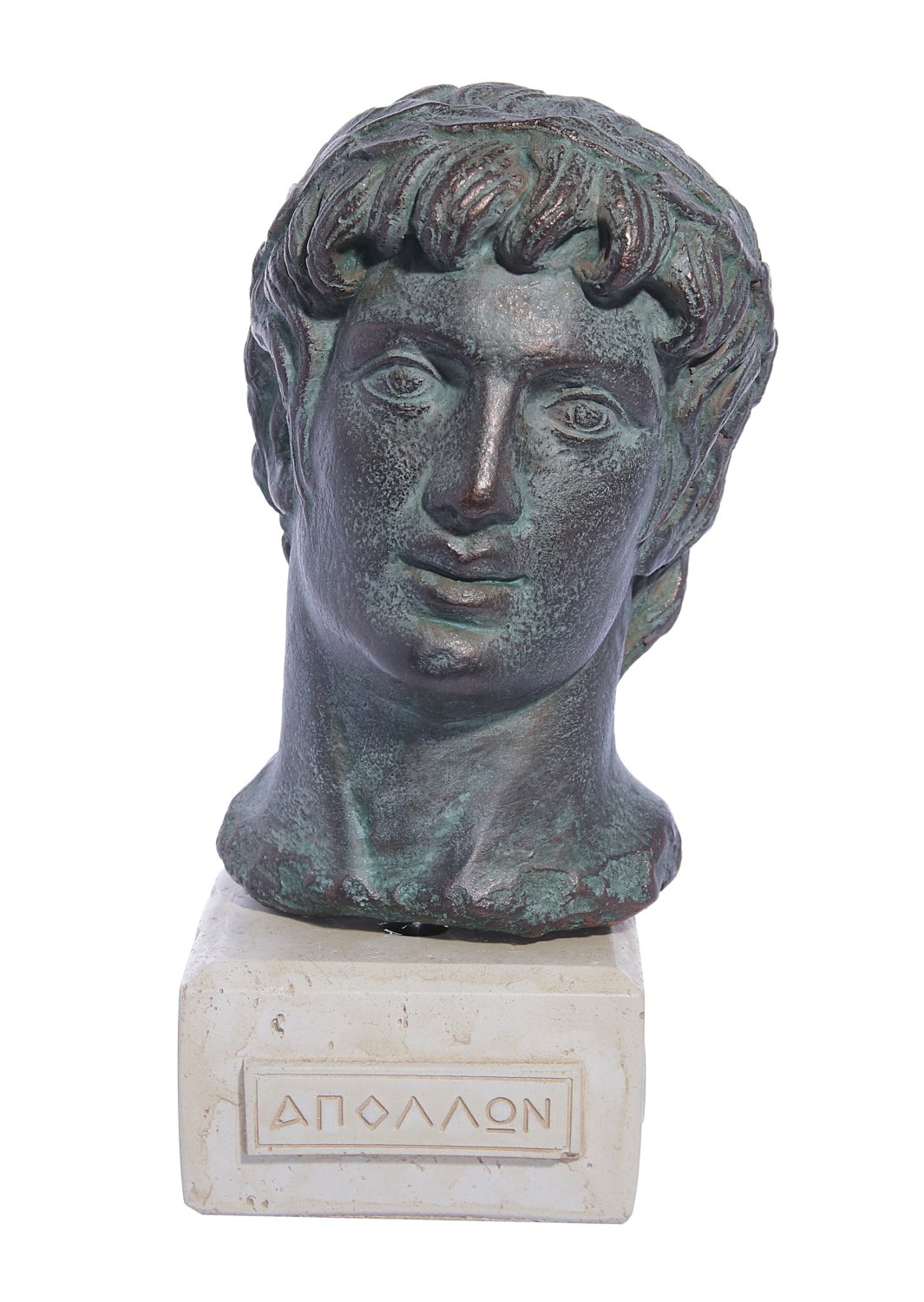 Green greek plaster bust statue of Apollo